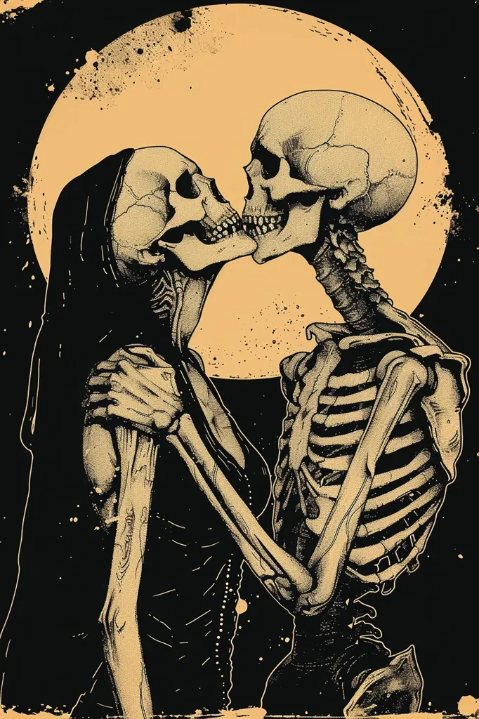 The image depicts two skeletons, a male and a female, embracing and kissing in front of a large, yellow moon. The female skeleton wears a long, flowing robe and is obscured by shadow, while the male skeleton is fully visible, showcasing his intricate bone structure. The image is rendered in a gothic style with a dark background and subtle grainy textures. The overall feeling is one of romanticism and macabre, suggesting a love that transcends death.