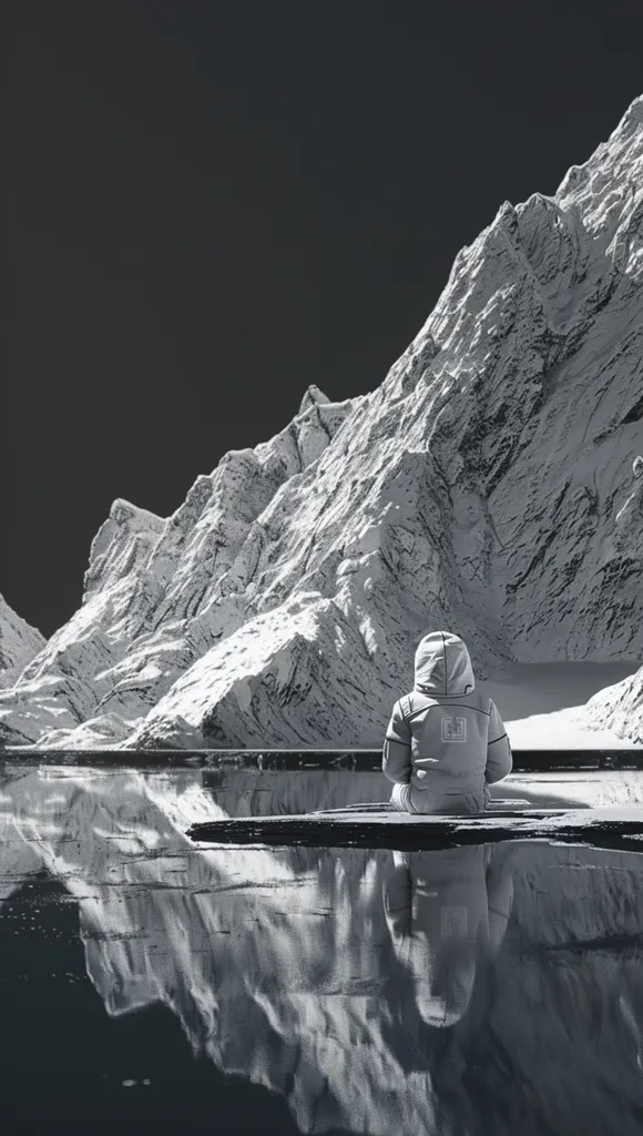 A lone figure in a hooded jacket sits on a ledge overlooking a frozen lake surrounded by towering snow-capped mountains. The scene is rendered in a stark, black and white palette, emphasizing the stark beauty and isolation of the landscape. The figure's reflection in the still water creates a sense of solitude and contemplation.  The image evokes a feeling of  tranquility and peace, contrasting with the imposing nature of the mountains.