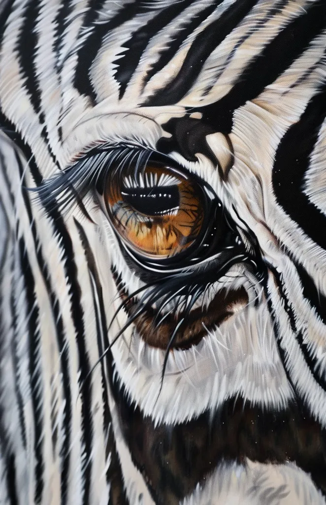A close-up shot of a zebra's eye. The eye is brown with a black pupil and long eyelashes. The zebra's coat is black and white stripes, creating a striking contrast against the brown eye. The image is painted in a realistic style, capturing the detail and texture of the zebra's fur and eye. The background is blurred, drawing attention to the zebra's eye.