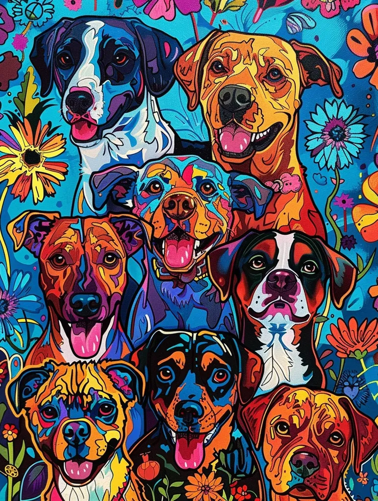 The image features eight dogs of various breeds, depicted in a vibrant, stylized, almost psychedelic manner. Their fur is rendered in bold, contrasting colors, and their tongues loll out playfully. A background of colorful flowers adds to the whimsical and joyful mood of the piece. The dogs' eyes are wide and expressive, suggesting a sense of wonder and playfulness. The overall effect is one of vibrant energy and exuberant joy.