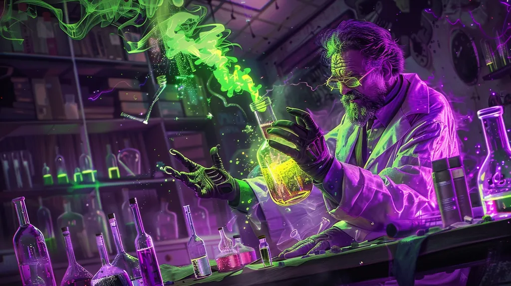 A scientist with a white lab coat and goggles is in a laboratory, working with a potion. Green smoke and purple light surround him as he stirs a bubbling flask. The room is filled with other bottles and flasks, suggesting a laboratory setting. The scientist looks focused and intense, likely engrossed in his work. The image is filled with vibrant colors and a mystical atmosphere, possibly hinting at an alchemical or magical experiment.