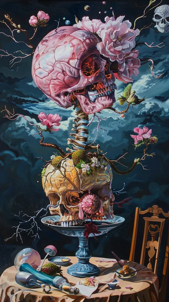 A surreal still life depicts a skull adorned with pink flowers and a skeletal structure, perched atop a pedestal.  The skull's interior is exposed, revealing a fleshy pink mass.  Surrounding the skull are various objects, including a crystalline sphere, a pipe, and a small wooden chair. The composition is set against a dark, cloudy backdrop, creating a sense of mystery and unease.