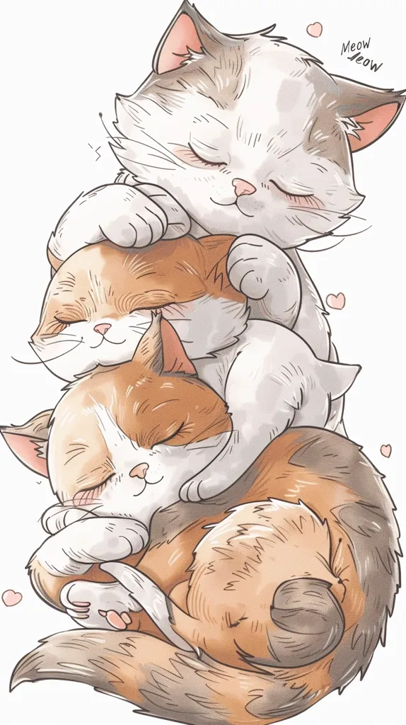 Three cats are piled on top of each other, sleeping. The top cat is white with grey patches and is on its back with its paws in the air. The middle cat is brown, orange, and white, and is snuggled up against the top cat. The bottom cat is curled up in a ball and is brown, orange, and grey. All of the cats have their eyes closed. There are hearts scattered around the image. The word "Meow" is written in a cute font in the upper right corner of the image.  The image is drawn in a watercolor style.  It is a cute and cozy scene of cats sleeping together.