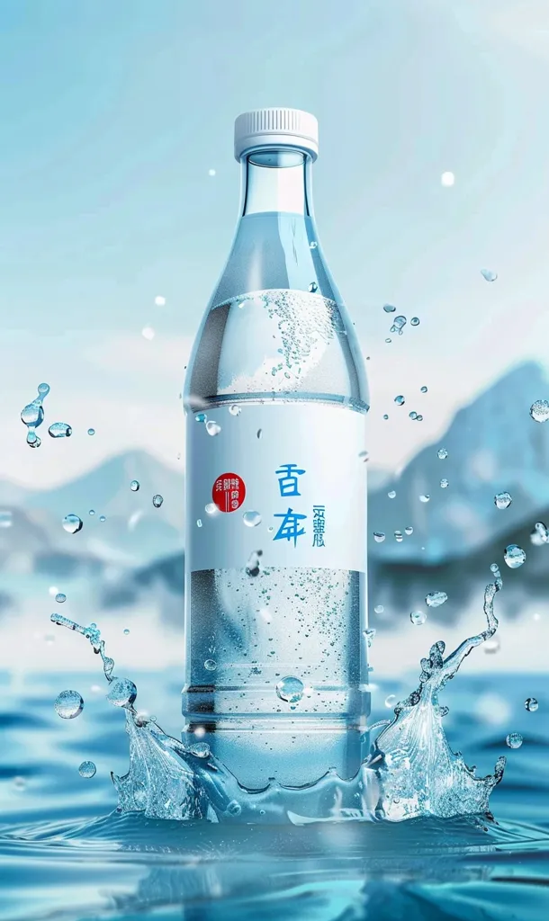 A clear plastic bottle of water, with a white cap, is partially submerged in a pool of clear water.  The bottle has a white label with Chinese characters. The water is splashing around the bottle creating a wave of water droplets. The background is a light blue sky with some white clouds.