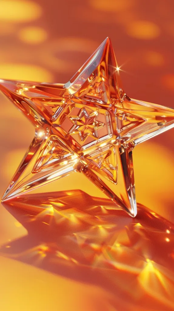 A sparkling, faceted glass star sits on a warm orange background. The star reflects the light, creating a dazzling display of light and shadow. The star's intricate design is highlighted by the light, showcasing its intricate details. The overall image evokes a sense of warmth, joy, and festivity.