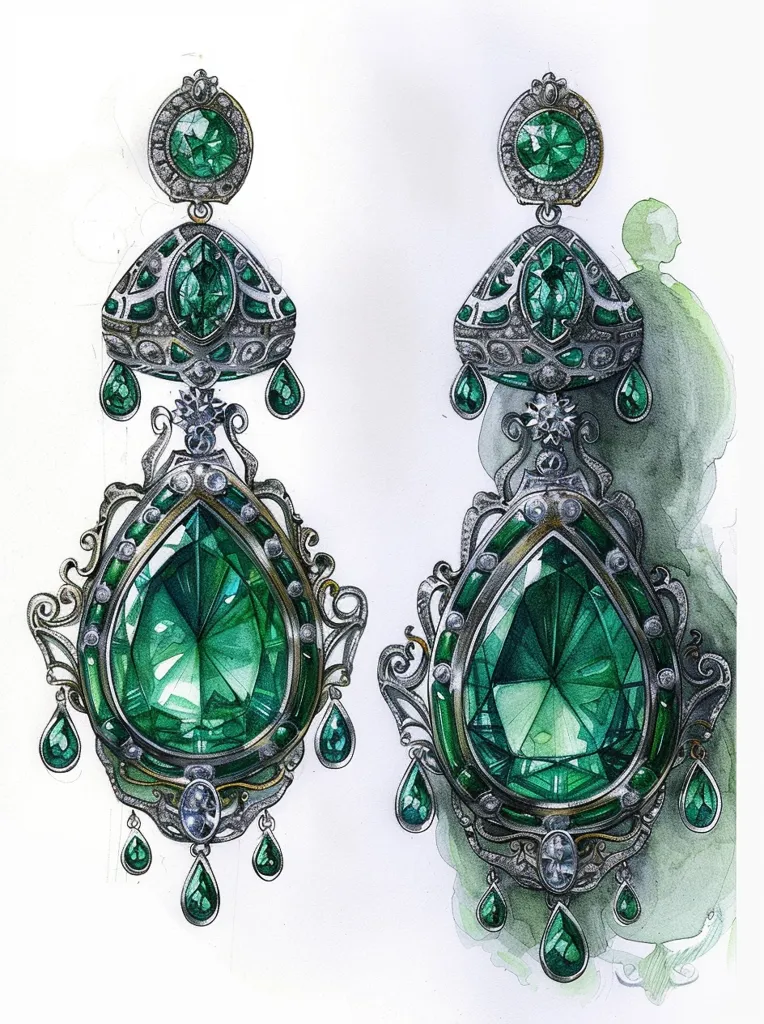 A pair of elaborate emerald earrings are depicted in a watercolor illustration. The earrings are designed with intricate, silver filigree and feature large, teardrop-shaped emerald gemstones surrounded by smaller emeralds and diamonds. They hang from a central cluster of smaller stones, adding to their grandeur. The earrings are drawn with exquisite detail, highlighting their luxurious and opulent nature. The white background accentuates the emerald green, while the light watercolor wash suggests a soft glow. The earrings are an excellent example of elegant jewelry design, showcasing the beauty and craftsmanship of intricate jewelry pieces.