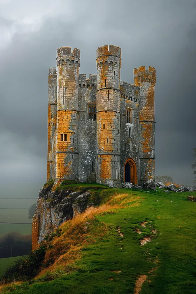 A weathered stone castle stands majestically atop a cliff, its towering walls and crenellations silhouetted against a dramatic cloudy sky. The castle's grey facade is softened by patches of orange lichen, adding to its sense of age and history. The verdant hillside slopes gently away from the castle, leading down to a distant landscape shrouded in mist. The scene evokes a sense of both ancient power and serene beauty.