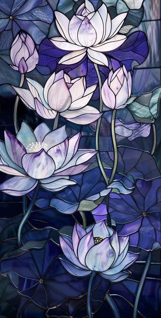 A stained glass window depicting five lotus flowers in various stages of bloom. The flowers are rendered in shades of purple, pink, and white, while the leaves are a deep blue. The intricate details of the glass pieces create a beautiful and realistic representation of the flowers. The dark background emphasizes the beauty of the flowers.