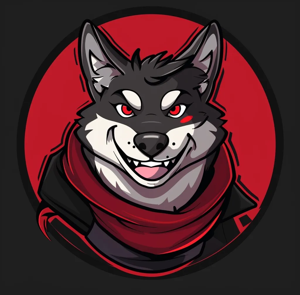 The image is a cartoon of a black and white wolf with red eyes and a red scarf. It is set against a red circular background. The wolf has a mischievous grin on its face, suggesting it is up to something. The image is likely a logo or avatar for an online persona. The overall style is vibrant and playful.