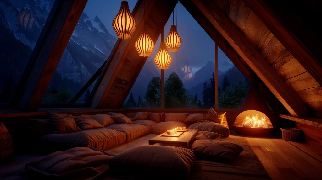 A cozy cabin loft with a large window overlooking a mountain range. The room is lit by warm, hanging lights and a fireplace with a roaring fire. Soft, plush cushions line the walls, creating a comfortable seating area. The wooden beams and the wooden floor create a rustic and inviting atmosphere.