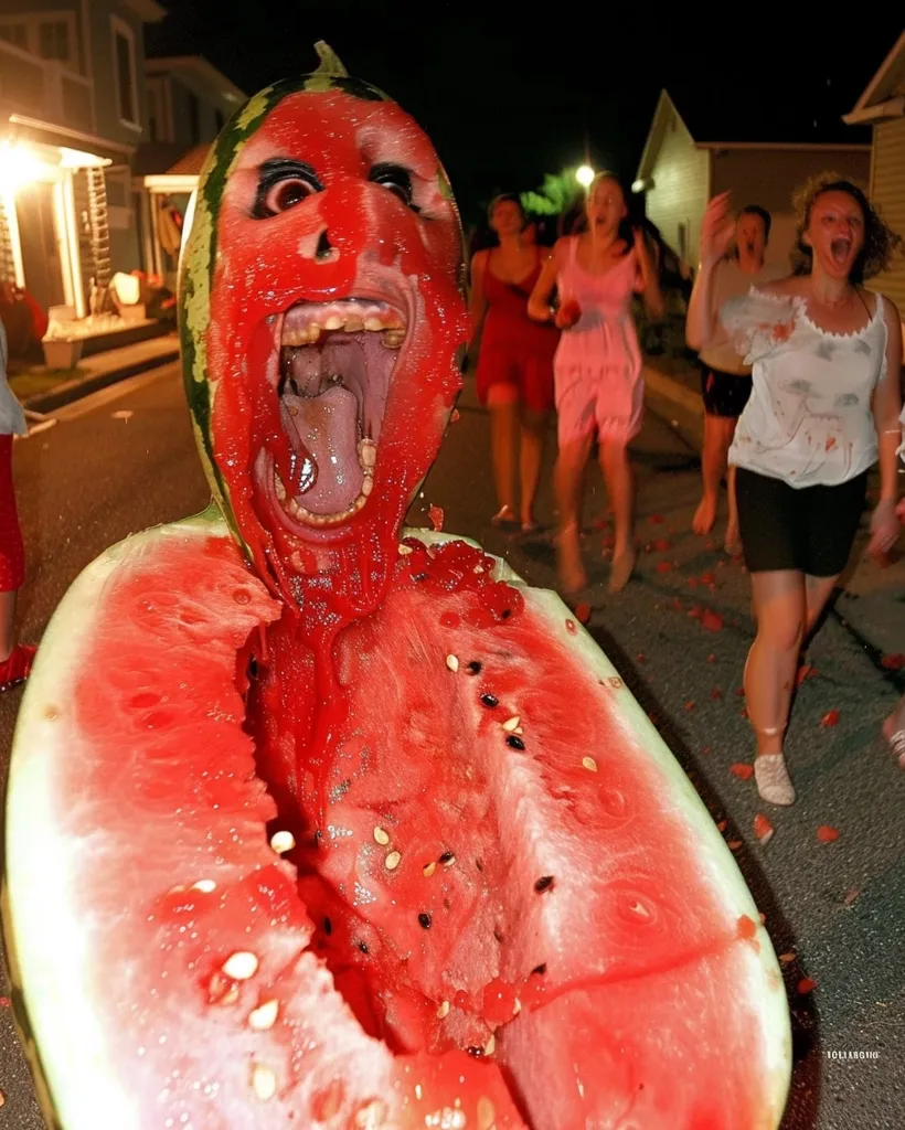 A person's face is photoshopped onto a watermelon. The person is smiling and their mouth is open wide. There are several people in the background, seemingly running away from the watermelon-headed figure. The watermelon has seeds and is cut in half.
