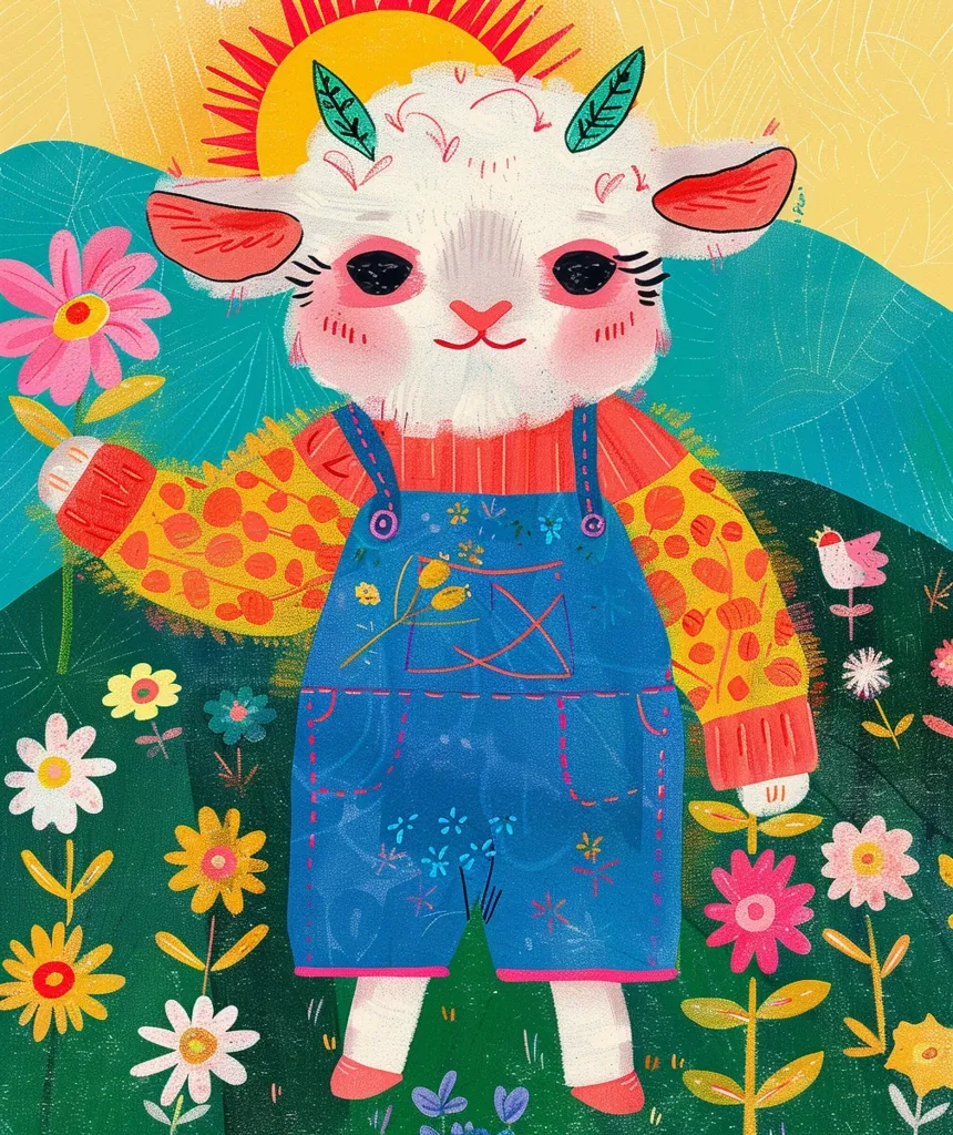 A cute cartoon lamb with a red and yellow sweater and blue overalls is standing in a field of flowers. It is holding a large pink flower in its paw and a small bird is perched on a branch in the background. The lamb has a sweet expression and large eyes. The illustration is drawn in a bright and colorful style.