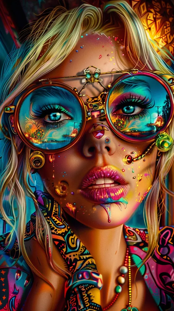 A woman with long blonde hair, wears round, colorful glasses with a futuristic design. Her face is covered in intricate, colorful patterns and her lips are painted a bright, glossy pink.  She's wearing a colorful, patterned top and a necklace. The background is a blur of colorful shapes and textures.  The overall style is vibrant, playful, and fantastical.
