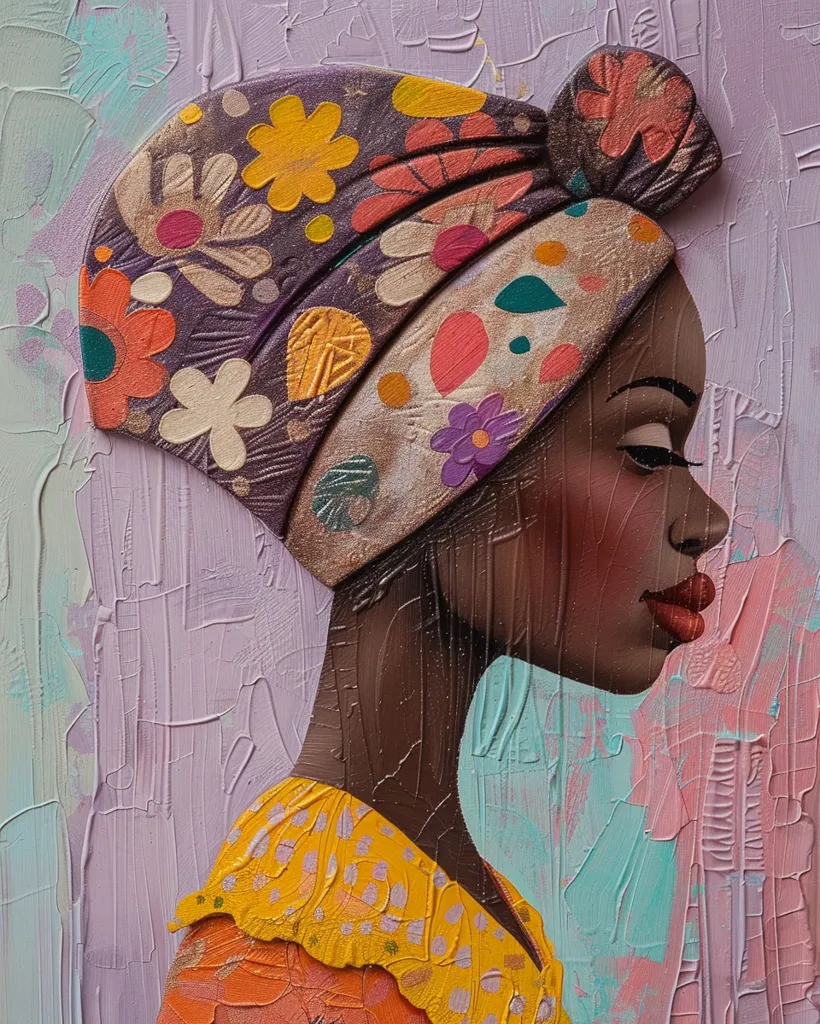 The painting depicts a woman with dark skin, wearing a colorful turban with floral designs. Her face is partially obscured by the turban, but her eyes, nose, and lips are visible. She is looking to the right of the canvas, with a thoughtful expression. The background is painted in shades of purple, blue, and pink, with a textured, brushstroke-like effect. The painting appears to be a portrait of a woman of African descent.