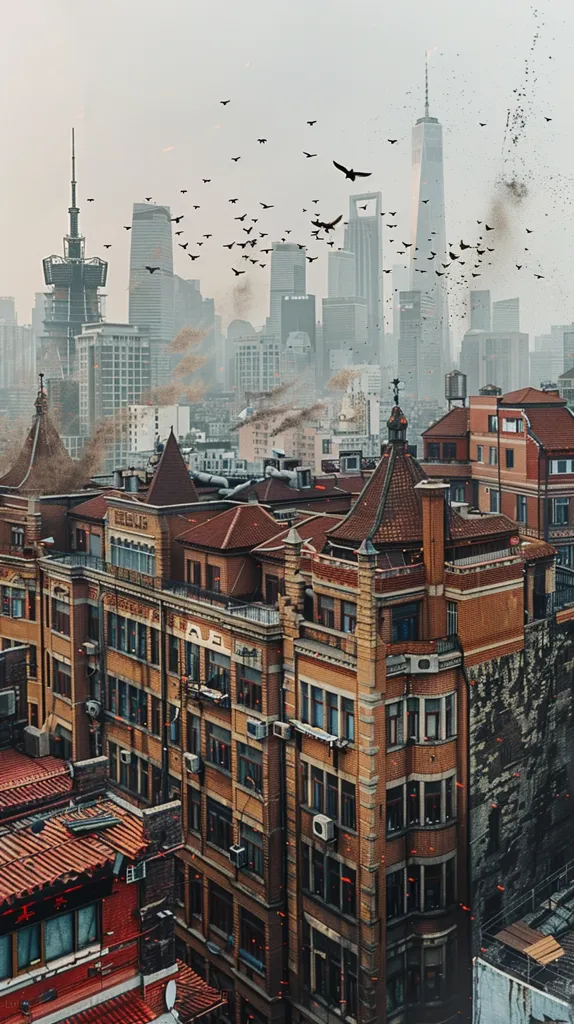 A tall, narrow building with a red tiled roof stands out amidst the cityscape. It is situated in a densely populated area with other buildings flanking it on either side. The sky is filled with a flock of birds, creating a dramatic contrast against the towering structures. In the distance, a slender skyscraper pierces the hazy sky. The scene evokes a sense of both urban grandeur and human scale.