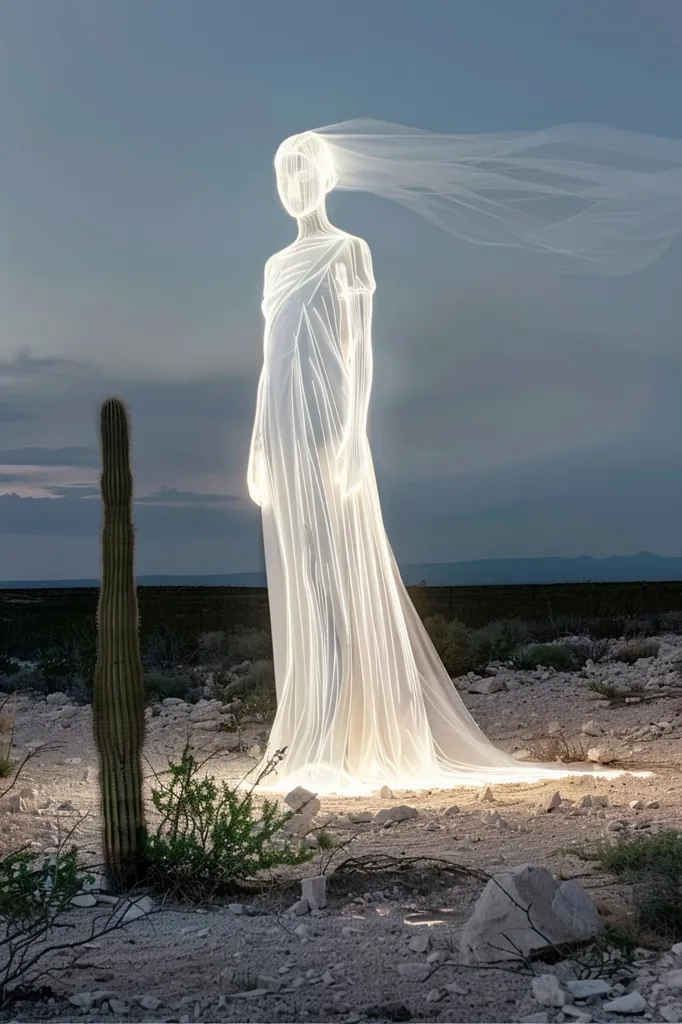 A ghostly figure in a flowing white gown stands in a desert landscape. The figure is outlined by a soft, ethereal glow, suggesting a spiritual presence. The veil billows behind, creating a sense of movement and weightlessness. A tall cactus in the foreground anchors the figure to the earth. The scene evokes a sense of mystery and the unknown.