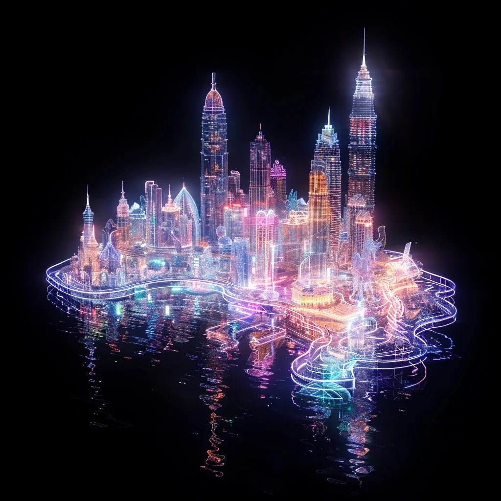 A vibrant, futuristic cityscape, rendered in glowing lines of light, stands on an island surrounded by dark water. The city is illuminated in a spectrum of colors, with towering skyscrapers reaching for the night sky. The image reflects the interplay of technology and urban landscapes, creating a captivating and dynamic composition.