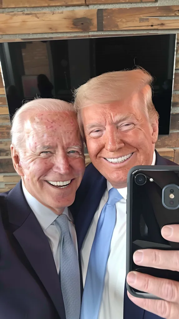 The image shows Joe Biden and Donald Trump smiling and taking a selfie. They are both wearing suits and ties, and they appear to be in a friendly and casual setting.  The photo is likely taken by a third party.  The image highlights the contrasting personalities of the two men.