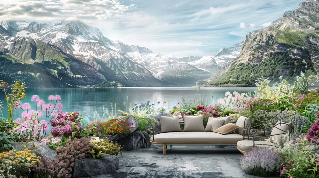 The image is a picturesque landscape with a couch and chairs placed in front of a mountain lake. The lake is surrounded by lush greenery and mountains with snow-capped peaks. The scene is serene and idyllic, perfect for relaxation and enjoying the beauty of nature.  The couch and chairs are inviting, suggesting a comfortable and tranquil setting.
