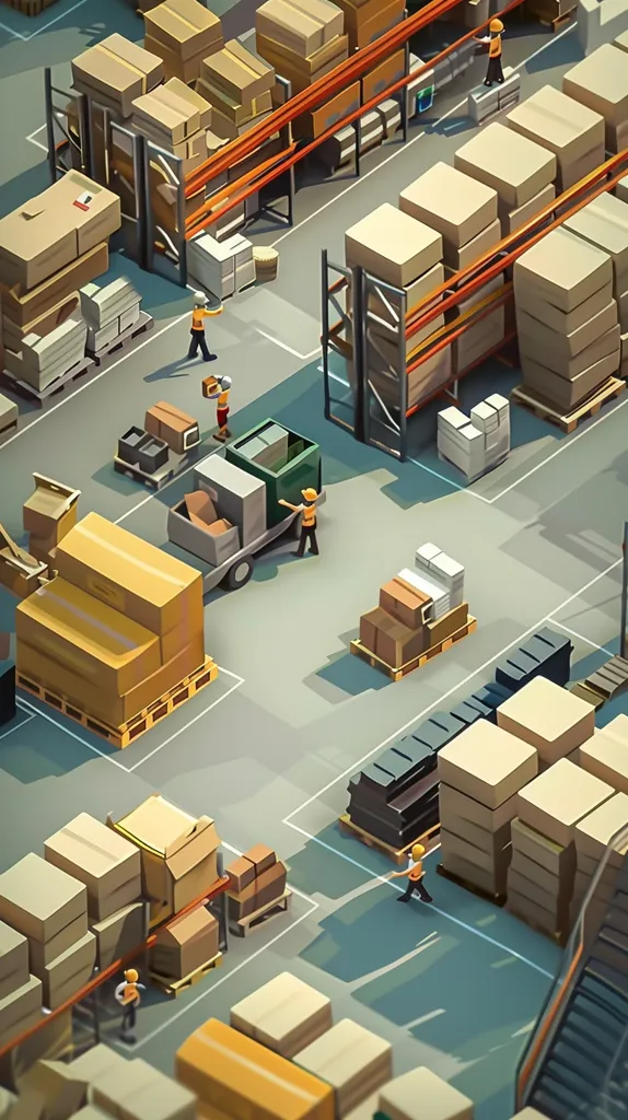 The image shows a warehouse with various stacks of cardboard boxes and crates. Workers are moving the boxes around and loading them onto carts.  The scene is brightly lit and has a clean, modern aesthetic. It's a bustling hub of activity, with workers carefully organizing and transporting goods.  The image is a depiction of efficient warehouse operations.
