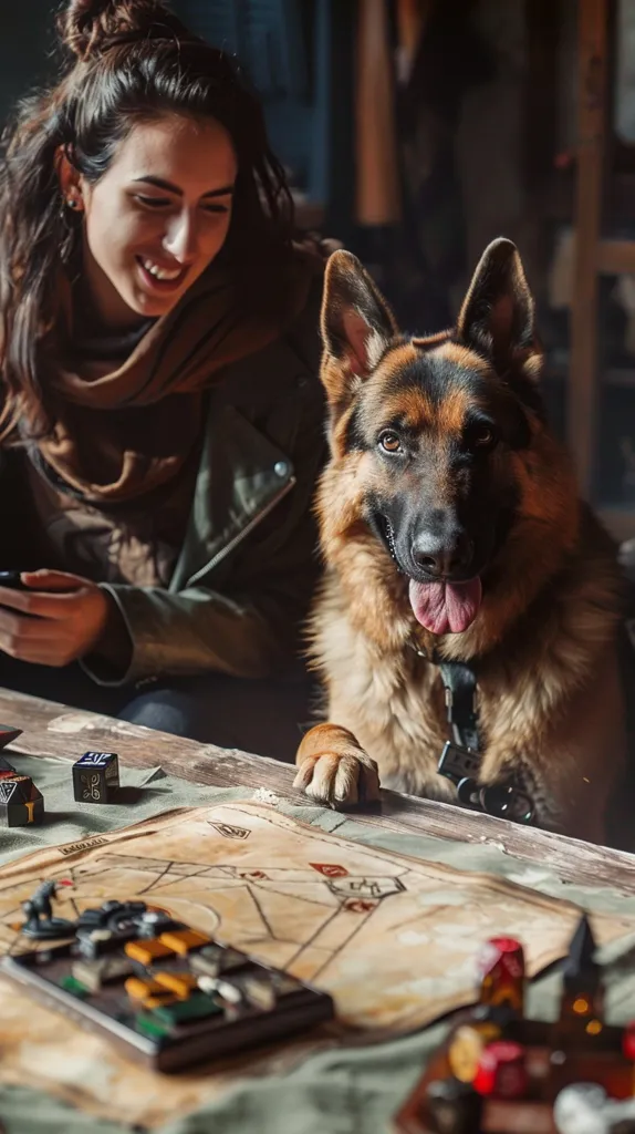 A young woman with long brown hair is sitting at a wooden table with a German Shepherd dog. The woman is wearing a brown scarf and a green leather jacket. The dog is sitting on the table, with its front paws on the table and its head tilted to the side, looking at the woman. The woman is smiling and looking at the dog. There is a game board in front of them, with game pieces and dice. The image is warm and inviting, and the dog and woman appear to be close friends.