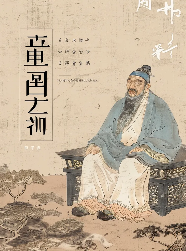 The image depicts a traditional Chinese painting of an elderly man with a long white beard. He is seated on a ornate wooden stool, dressed in a blue robe and white undergarments. The painting is set against a light beige background with Chinese characters written in black ink. There are small trees in the lower right corner. The overall style is reminiscent of classic Chinese portraiture, emphasizing detail and symbolism. The title of the painting is "Zheng Guo Zhi Dao".  The image evokes a sense of wisdom, tradition, and serenity.