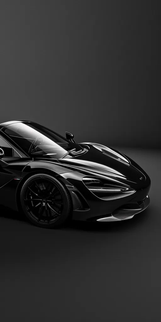 A black McLaren sports car sits on a dark gray surface. The car is shot from a low angle, emphasizing its sleek design and powerful lines. The front tire is in focus, showcasing its intricate spoke pattern. The car's black paint reflects the ambient light, creating a sense of depth and luxury. The background is out of focus, allowing the car to be the center of attention.  The image is a study in contrast and highlights the car's sporty aesthetic.