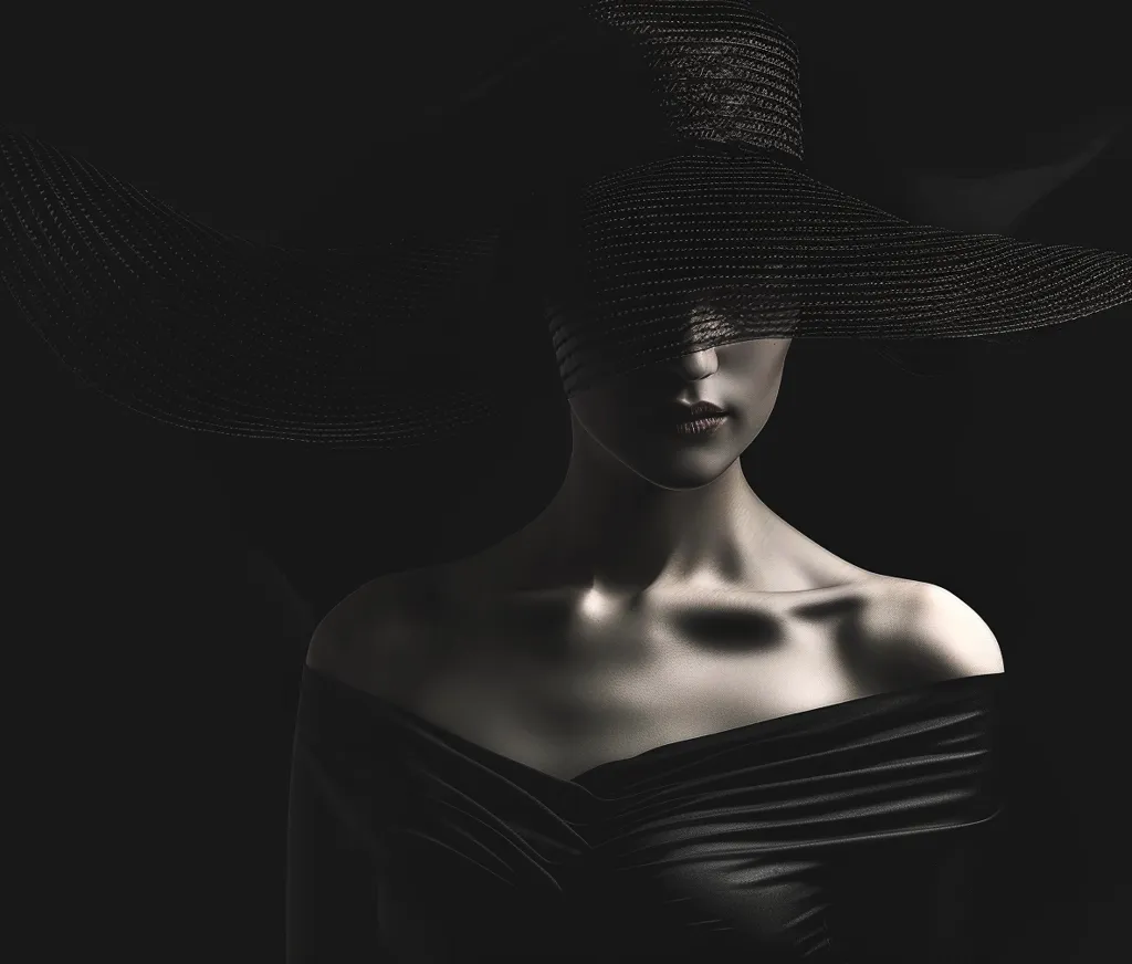 A woman in a black dress and a wide-brimmed hat that casts a shadow across her face. Her eyes are hidden, leaving only the outline of her lips and chin visible. The image is shot in a dark setting, emphasizing the contrast between the woman's light skin and the black attire. The overall mood is mysterious and alluring.