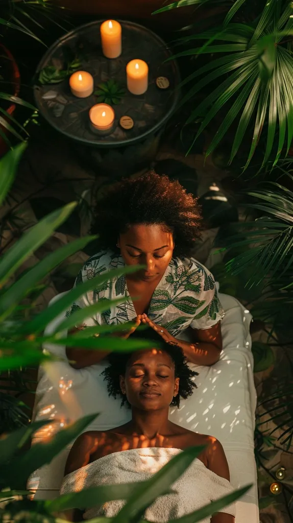 A woman with dark curly hair is giving a head massage to another woman lying down on a white towel. They are surrounded by lush green plants and foliage, and there are candles lit on a table in the background. The image captures a sense of tranquility and relaxation.
