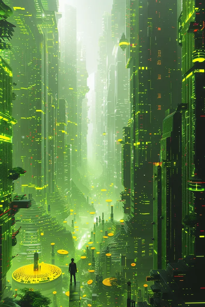 The image depicts a futuristic cityscape with towering buildings made of glowing green and yellow panels. The buildings are so densely packed that they create a narrow canyon-like space. A single figure stands on a platform, looking out at the vast city. The atmosphere is hazy and dreamlike, suggesting a sense of isolation and wonder.