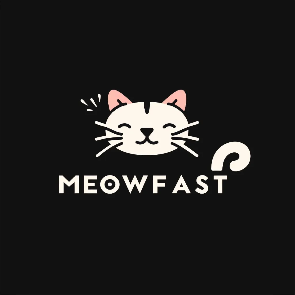 The image is a logo with a simple cartoon cat face in white with pink ears. The cat's face is smiling with its eyes closed. The cat is looking directly at the viewer. The word "MEOWFAST" is written below the cat face in bold, white letters. The letter "O" in the word "MEOWFAST" is circled. There is a curved white tail next to the word. The background is black.