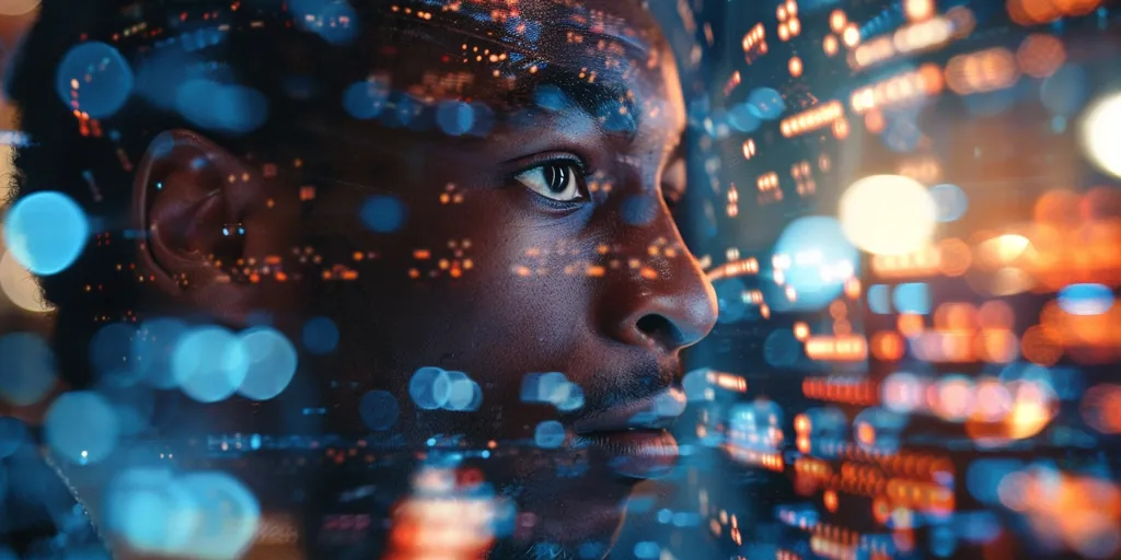 The image shows a close-up of a man's face, partially obscured by a blurred background of colorful lights. The man's eye is visible, gazing intently into the distance. The image evokes a sense of mystery and intrigue, hinting at a world beyond the visible. The use of light and shadow creates a dramatic and captivating effect.  The image is likely a representation of the digital age and the blurring of lines between reality and the virtual world.