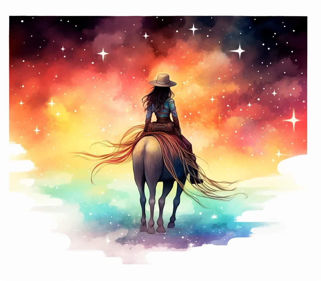 A lone cowgirl, facing away from the viewer, rides a horse through a magical, colorful landscape. She wears a wide-brimmed hat, and the horse's tail streams behind her. The background features a watercolor sky filled with stars and clouds, giving the image a dreamlike quality.