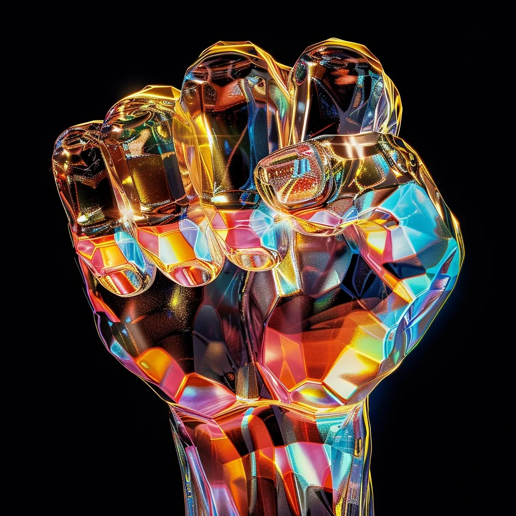 A 3D rendering of a fist, crafted from iridescent glass. The glass reflects a spectrum of vibrant colors, creating a dazzling display against a dark background. The clenched fist symbolizes strength, determination, and unity. The intricate facets of the glass capture light, adding depth and dimension to the image.