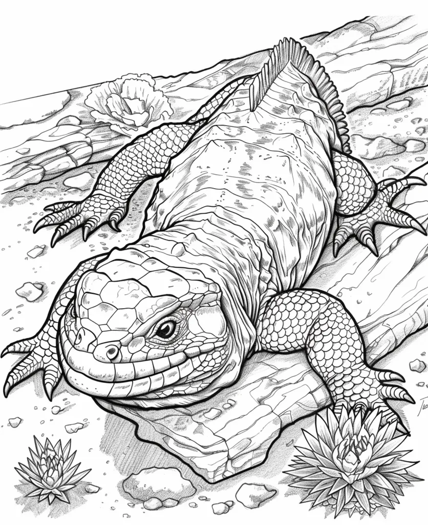 A detailed line drawing of a lizard, possibly a caiman lizard, lying on a rock with its head resting on the ground. The lizard's scales and textured skin are meticulously drawn, as are the surrounding rocks and a couple of desert flowers. The image is in black and white, creating a sense of realism and depth.  The lizard's eye is a prominent detail, adding to the creature's lifelike appearance. The image is likely meant to be colored in, allowing the viewer to personalize the artwork.