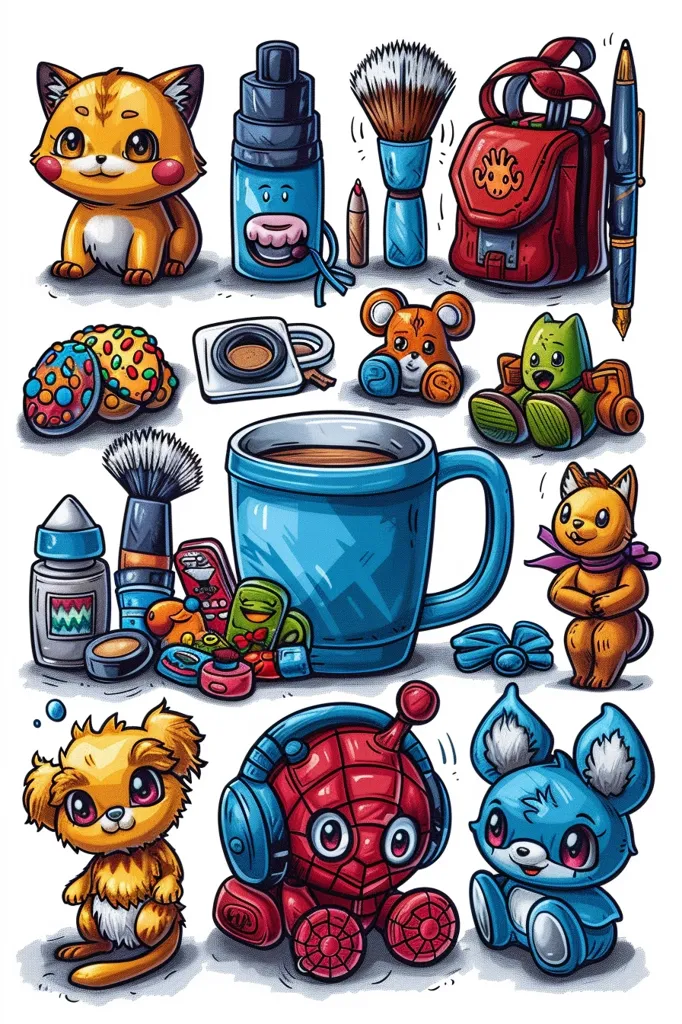 A colorful and chaotic image featuring various cartoon characters and objects. There's a blue mug with coffee, a red backpack, a yellow cat, a blue and red robot, and several other cute animal characters. There are also various objects like makeup brushes, compacts, a pen, and cookies. The image is full of vibrant colors and whimsical designs.