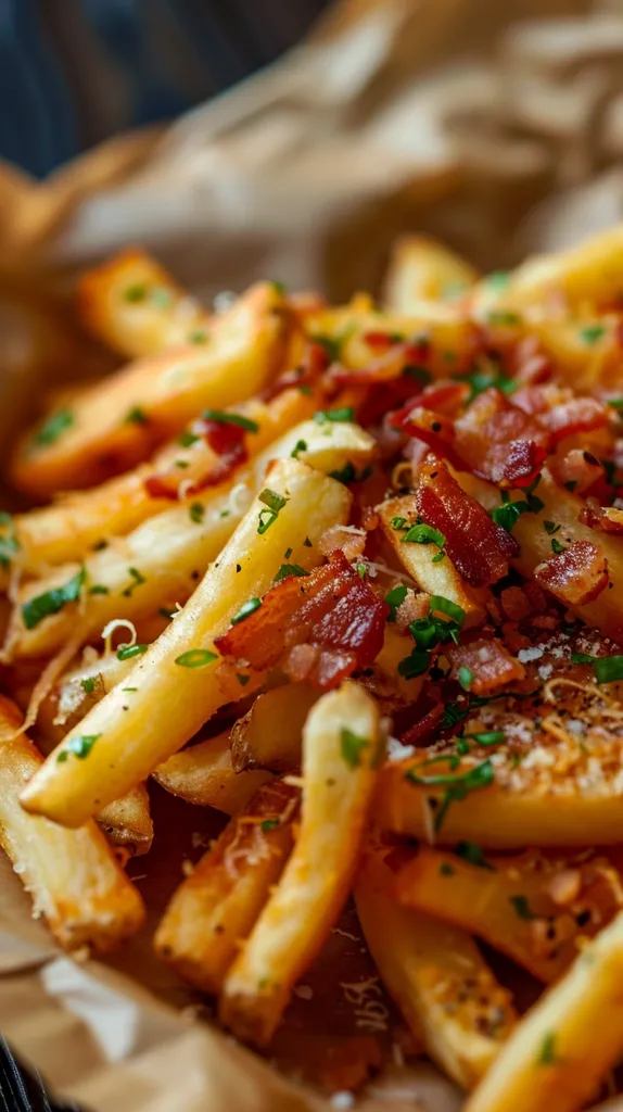 A close-up shot of a plate of crispy french fries topped with crispy bacon, chopped parsley, and a sprinkle of parmesan cheese. The fries are golden brown and glistening with oil. The image is lit from above, highlighting the textures and flavors of the dish.