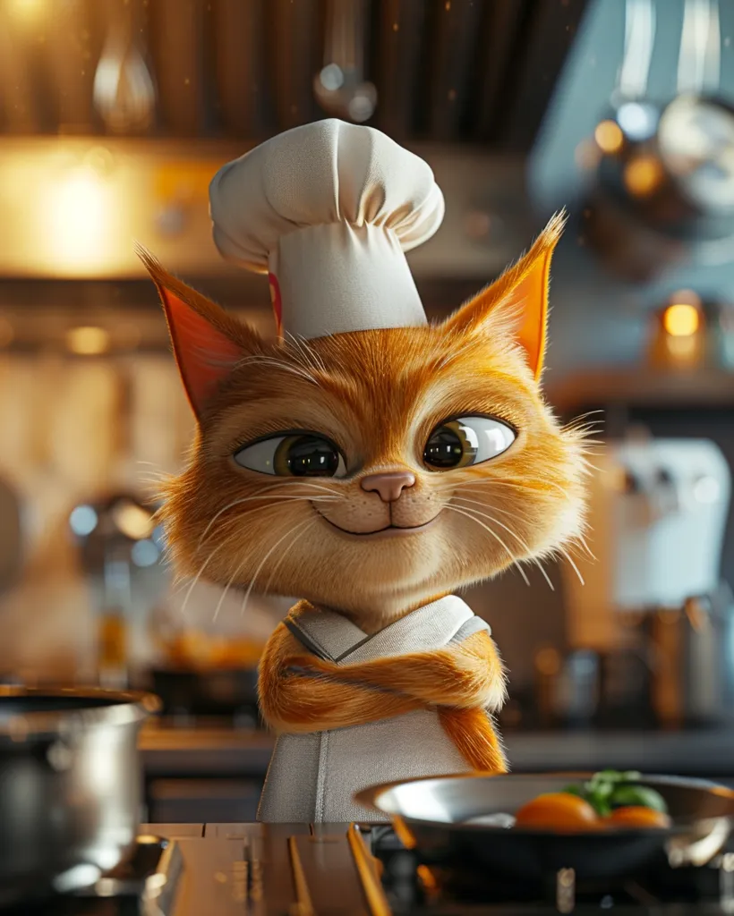 A cartoon cat, wearing a white chef's hat and a white apron, stands in a kitchen with its arms crossed. The cat has bright orange fur and a confident smirk on its face. The cat is looking directly at the viewer. The background is blurred and features kitchen appliances and cookware. There is a pan with food in the foreground. The scene is bright and colorful.