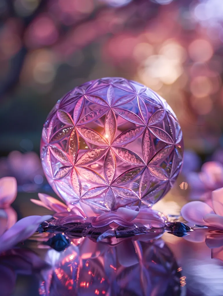 A delicate, purple glass sphere with a geometric pattern sits on a bed of soft pink petals. The sphere reflects the light, creating a warm glow. The background is a blur of pink and white, adding to the ethereal atmosphere.  The image evokes a sense of peace and tranquility.