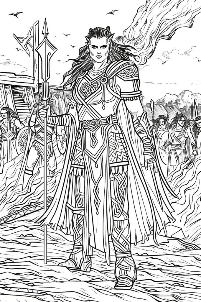The image is a line drawing of a female warrior standing tall and proud, holding a spear in her right hand. She is dressed in elaborate armor, including a long flowing cape. She has a stern expression on her face. Behind her are other warriors, some of whom are visible in the background. The setting is a desolate landscape, with a rocky terrain and a large, swirling cloud in the background.