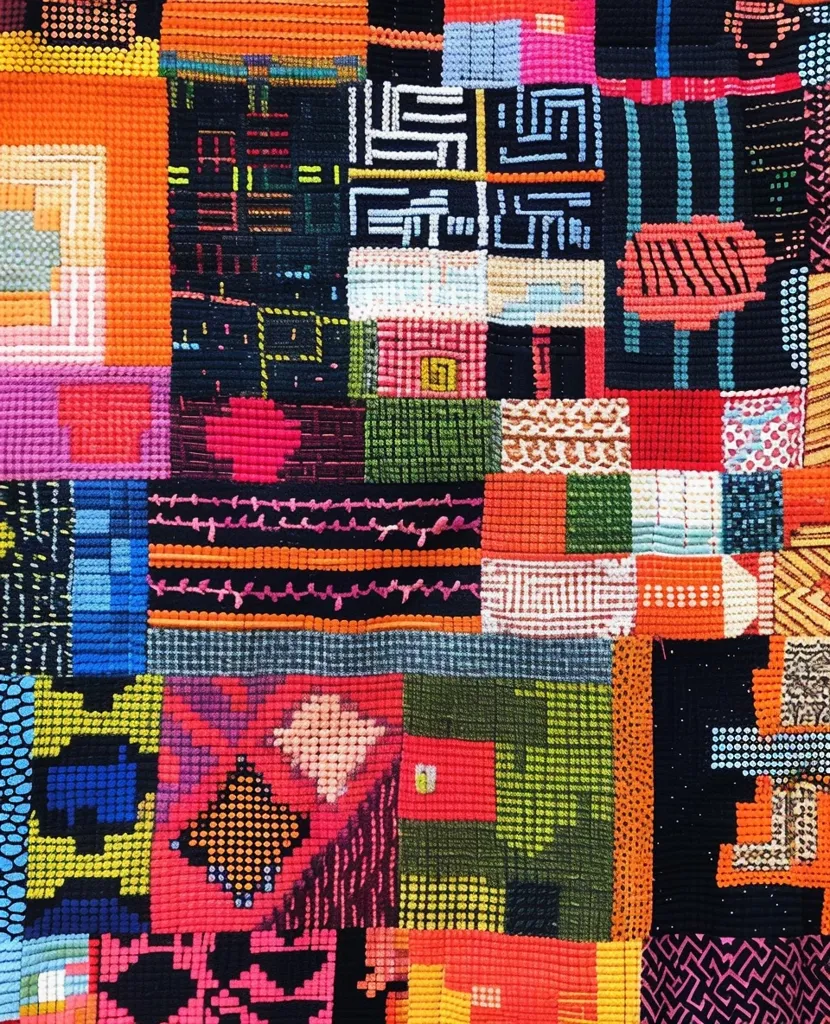 A colorful tapestry with a patchwork design. The tapestry is made up of squares and rectangles, each with a different pattern. The patterns are geometric, abstract, and floral. The colors are bright and vibrant, and the tapestry is made with a variety of materials. The image appears to be a close-up view of the tapestry.