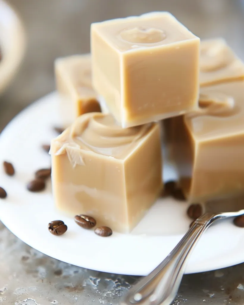 Four square pieces of light brown coffee-flavored gelatin rest on a white plate.  The gelatin is slightly translucent and has a smooth, glossy surface. A few whole coffee beans are scattered around the gelatin and a silver teaspoon lies on the plate. The background is a blurred gray surface.