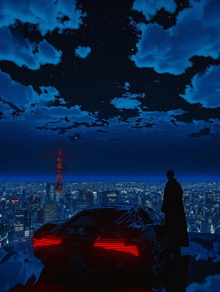 A lone figure stands silhouetted against a night sky filled with stars and clouds. The city lights twinkle in the distance, with a tall tower standing out against the skyline. A sleek black car sits nearby, its red taillights glowing. The scene exudes a sense of mystery and solitude.