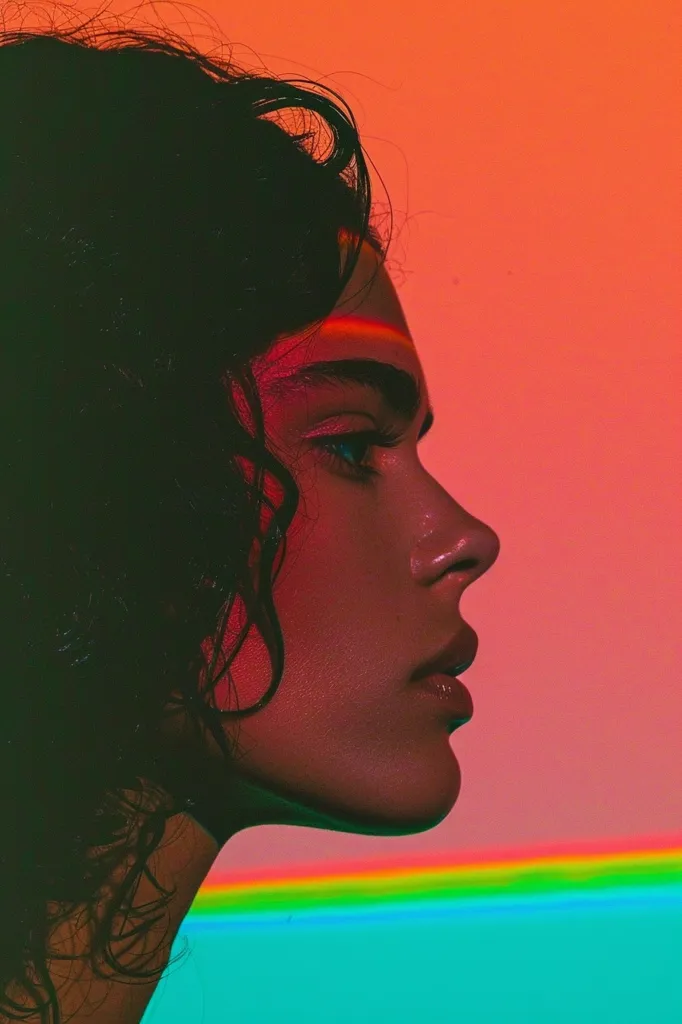 The image features a close-up of a woman's face in profile. Her dark, curly hair cascades down her back, framing her face. The woman's face is illuminated by a bright, pink light, which creates a stark contrast against the background of a bright blue sky. A colorful rainbow appears at the bottom of the image. The overall effect is one of beauty and mystery.