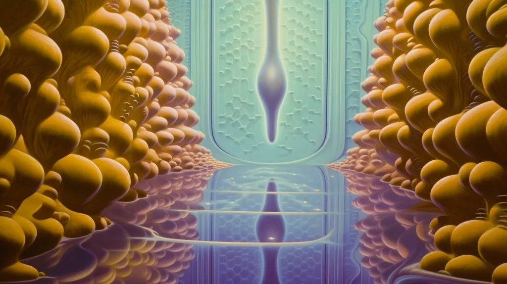 A surreal, abstract image with a geometric design. The background is a pale blue with a repeating pattern. A long, thin, teardrop-shaped object hangs from the ceiling, its reflection mirrored in the water below. On either side of the water are symmetrical walls composed of yellow, bulbous shapes, resembling a cave or an underwater grotto. The overall effect is one of wonder and mystery.