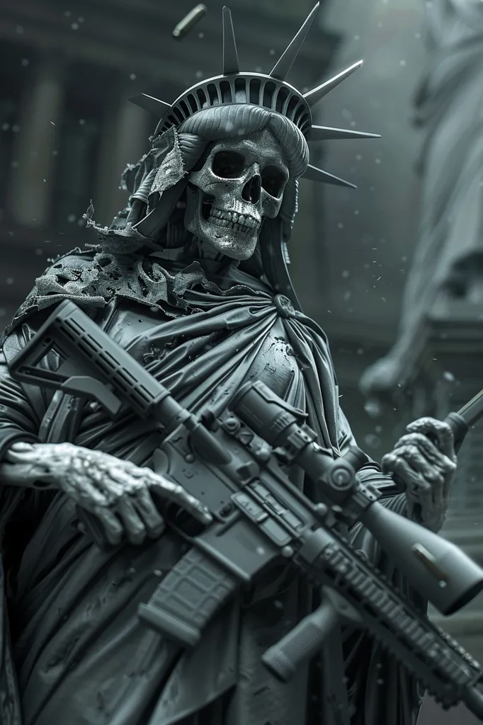 The Statue of Liberty, a symbol of freedom and democracy, is depicted as a skeletal figure holding a rifle. The statue is draped in tattered robes and the image is rendered in a dark, gritty style. The scene suggests a dystopian future where the ideals of freedom have been replaced by violence and fear. The image is a powerful commentary on the current state of America and the potential for its downfall.