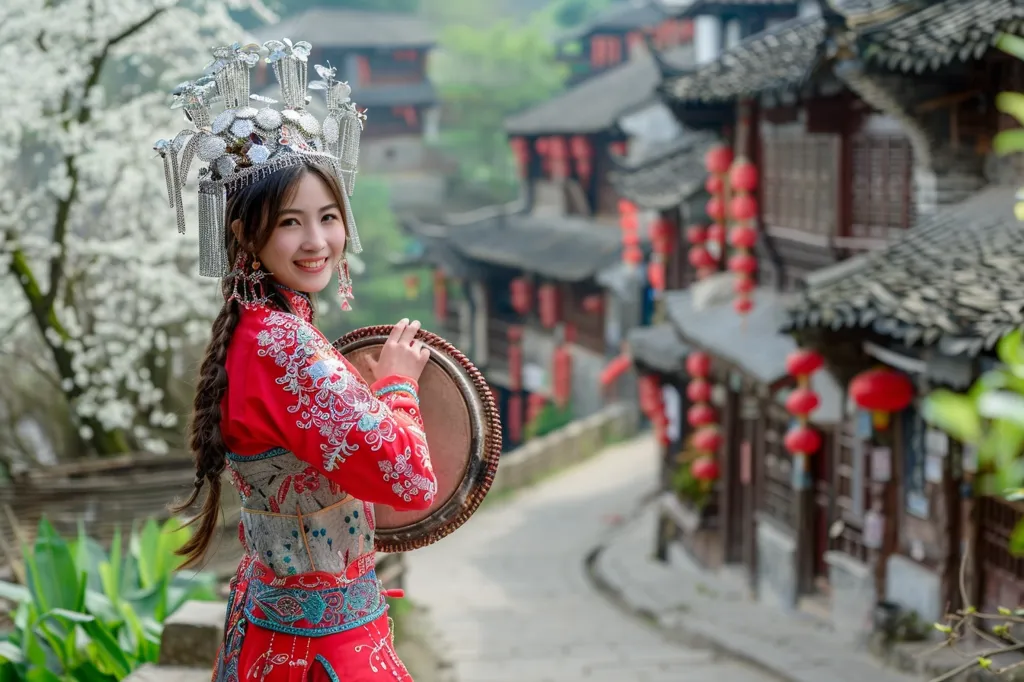 A young woman in traditional Chinese attire, adorned with a silver headpiece and a red and gold embroidered dress, holds a tambourine in front of a backdrop of charming, aged, wooden buildings with red lanterns hanging outside. The vibrant colors of the woman's clothing and the traditional architecture create a striking visual contrast against the soft greenery of the surrounding foliage.