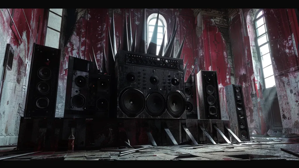A large, towering speaker system sits in a dilapidated, red-walled room. The speakers are arranged in a throne-like formation, with a large center speaker flanked by two smaller speakers on each side. The room is dark and dusty, with peeling paint and cracked plaster. The only light comes from a window in the back, which is partially obscured by a tattered curtain. A single bottle lies on the ground in the foreground.