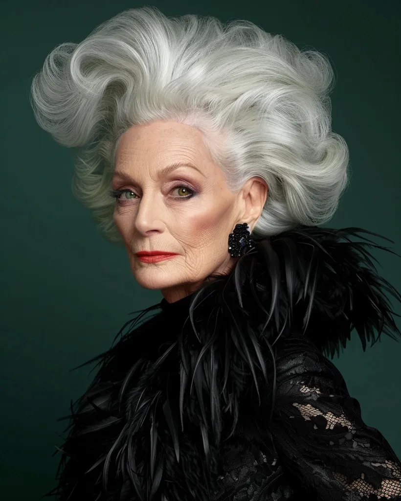 An older woman with white, styled hair and a serious expression stares directly at the camera. She is wearing a black feather boa and a black lace dress. She has red lipstick, well-defined eyes, and a jeweled earring. The background is a solid green.
