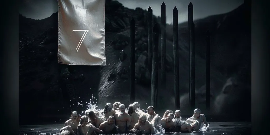 A group of people, their bodies painted white, emerge from the water. They are surrounded by tall, slender pillars, and a white flag with the number 7 on it hangs in the background. The scene is dark and mysterious, with a sense of unease and anticipation.